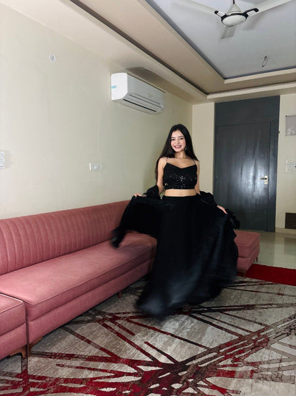 Designer Black Pleated Ruffle Lehenga Choli for Evening Party Wear