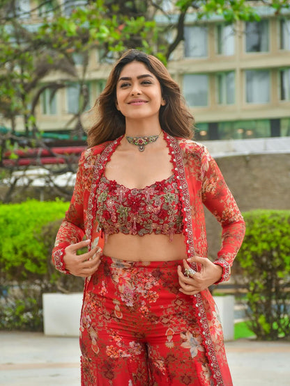 Bollywood Style Georgette Red Indo Western Set with Shrug