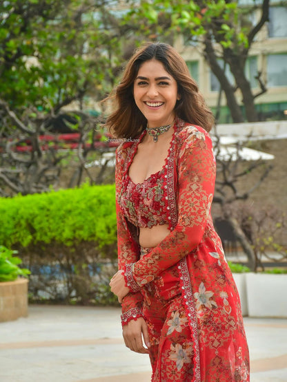 Bollywood Style Georgette Red Indo Western Set with Shrug