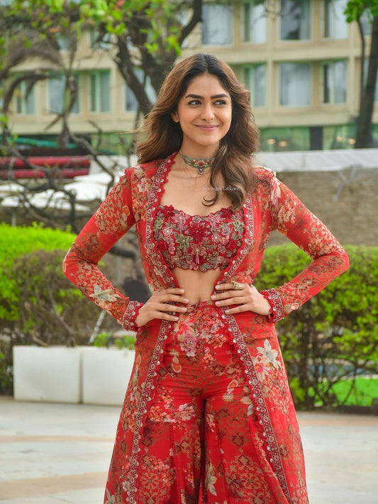 Bollywood Style Georgette Red Indo Western Set with Shrug