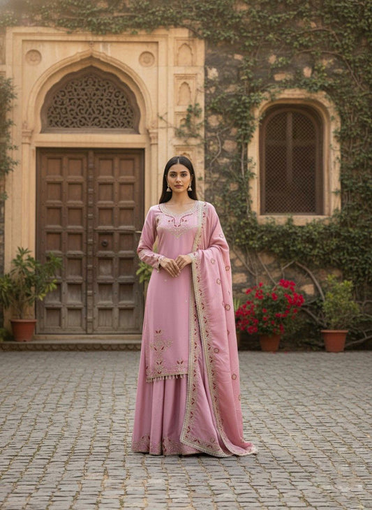 Traditional Soft Pink Festive Wear Sharara Suit with Gold Zari Work
