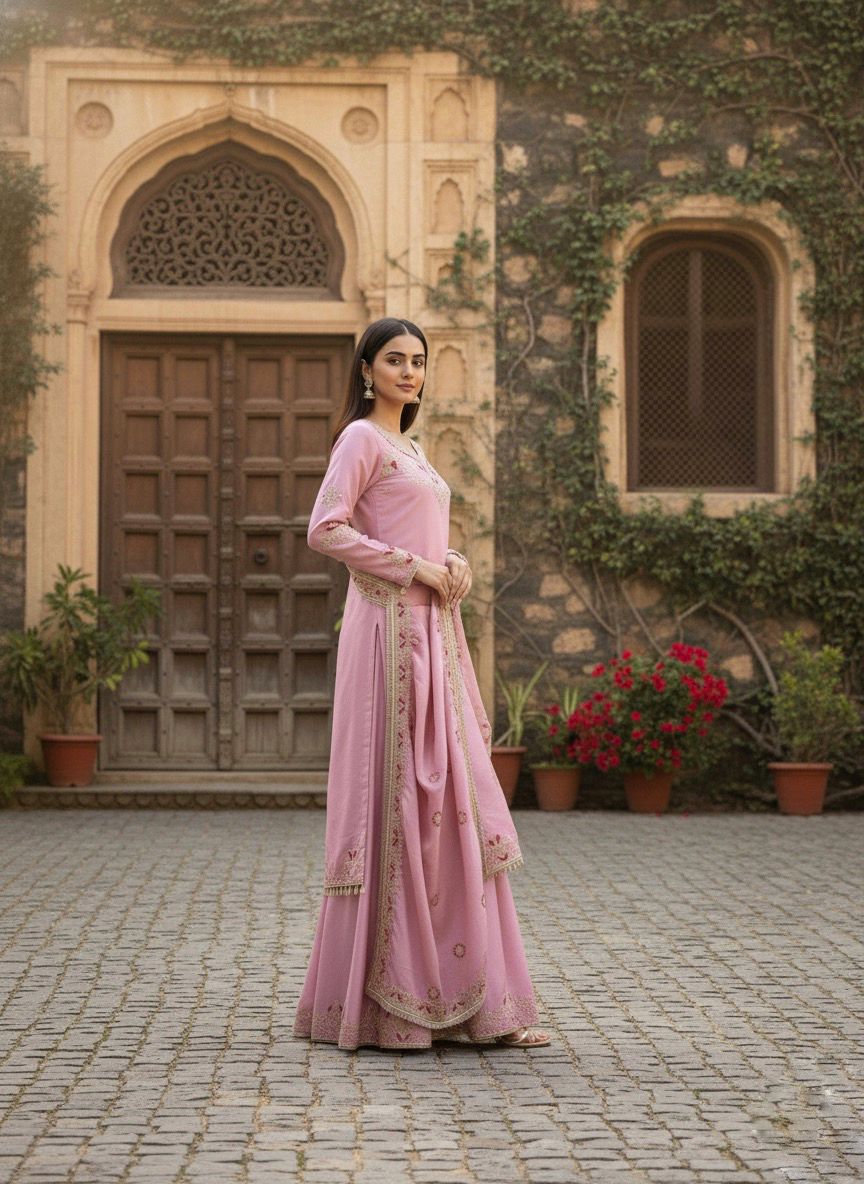 Traditional Soft Pink Festive Wear Sharara Suit with Gold Zari Work
