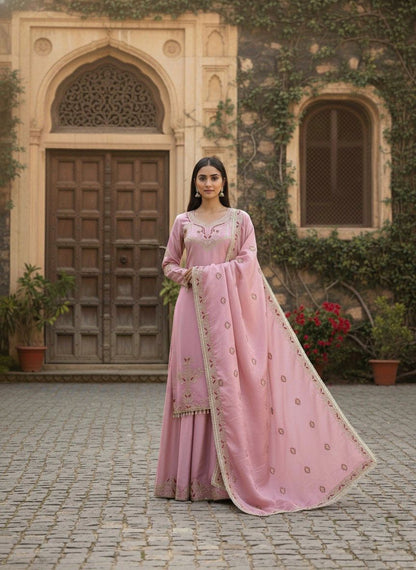 Traditional Soft Pink Festive Wear Sharara Suit with Gold Zari Work