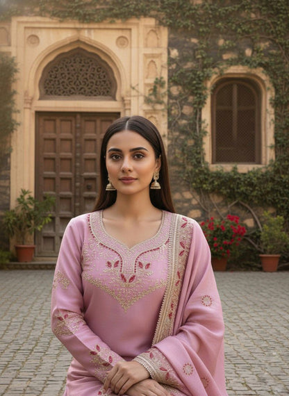 Traditional Soft Pink Festive Wear Sharara Suit with Gold Zari Work