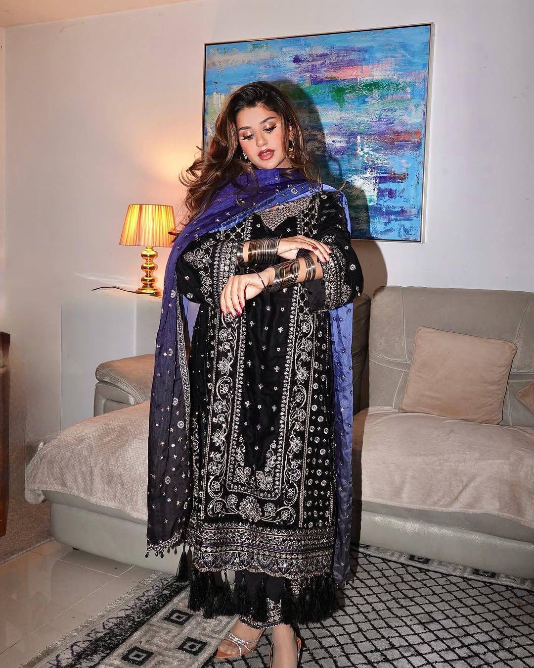 Black Zari Embroidery Work Velvet Palazzo Suit Set