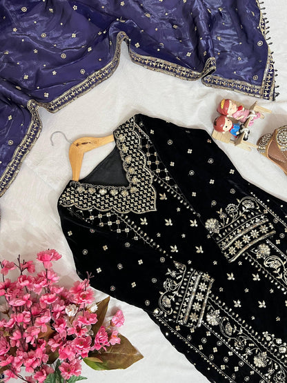 Black Zari Embroidery Work Velvet Palazzo Suit Set