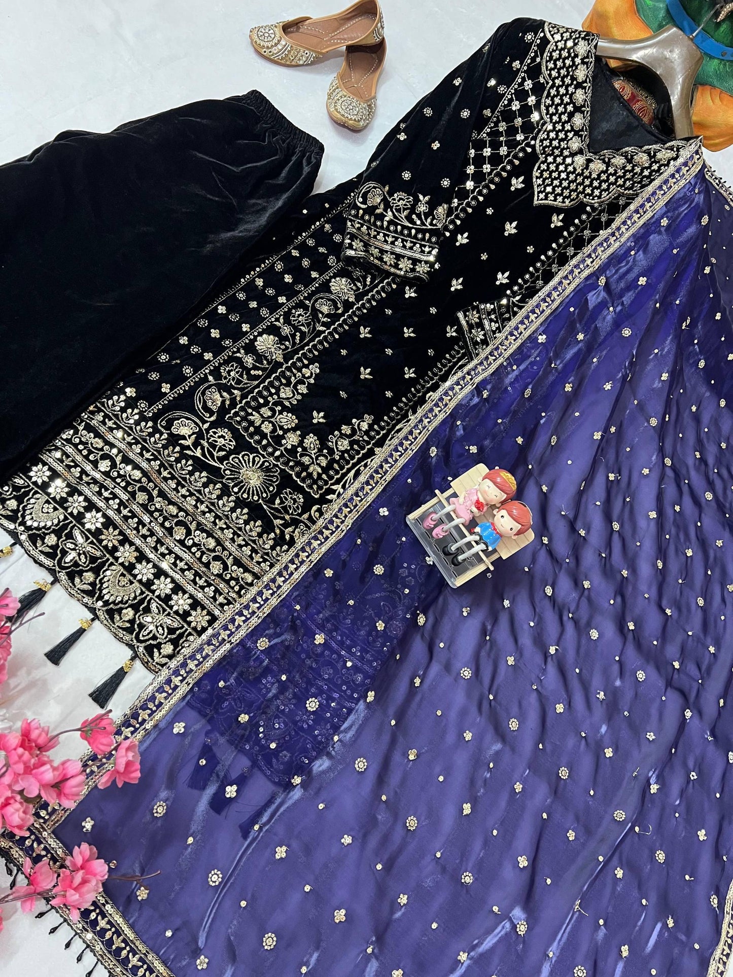 Black Zari Embroidery Work Velvet Palazzo Suit Set