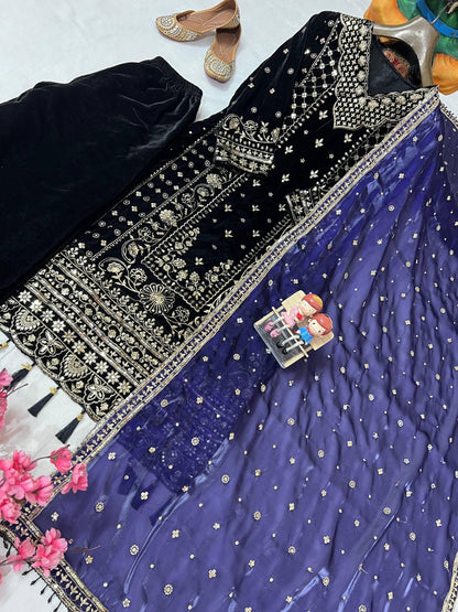 Black Zari Embroidery Work Velvet Palazzo Suit Set