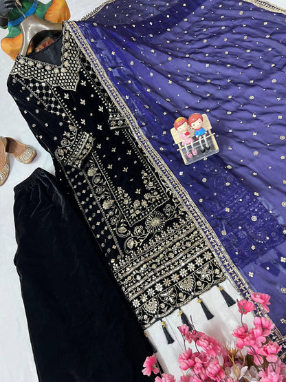Black Zari Embroidery Work Velvet Palazzo Suit Set