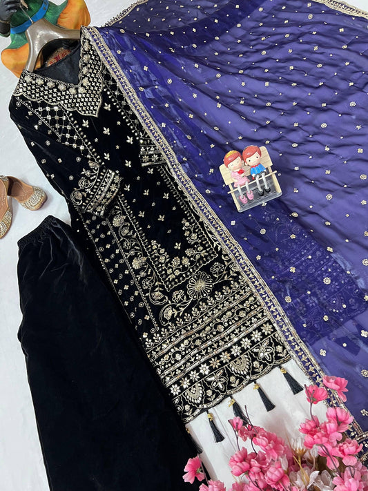 Black Zari Embroidery Work Velvet Palazzo Suit Set