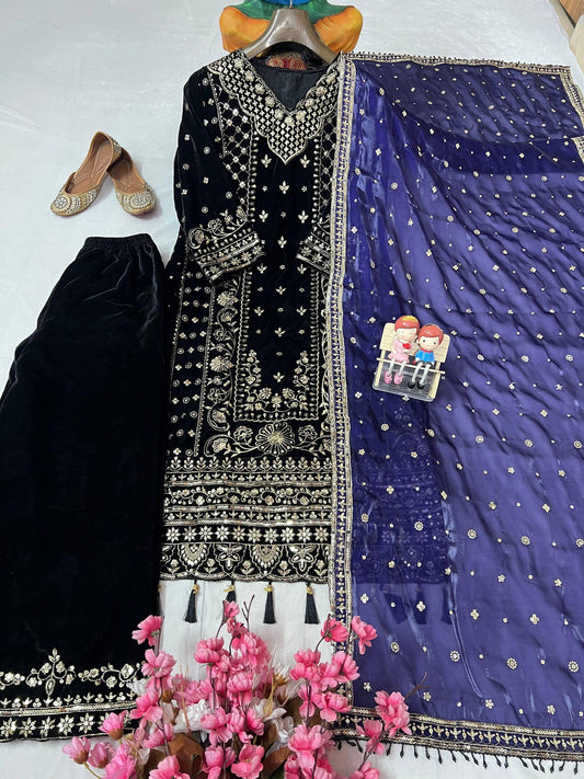 Black Zari Embroidery Work Velvet Palazzo Suit Set