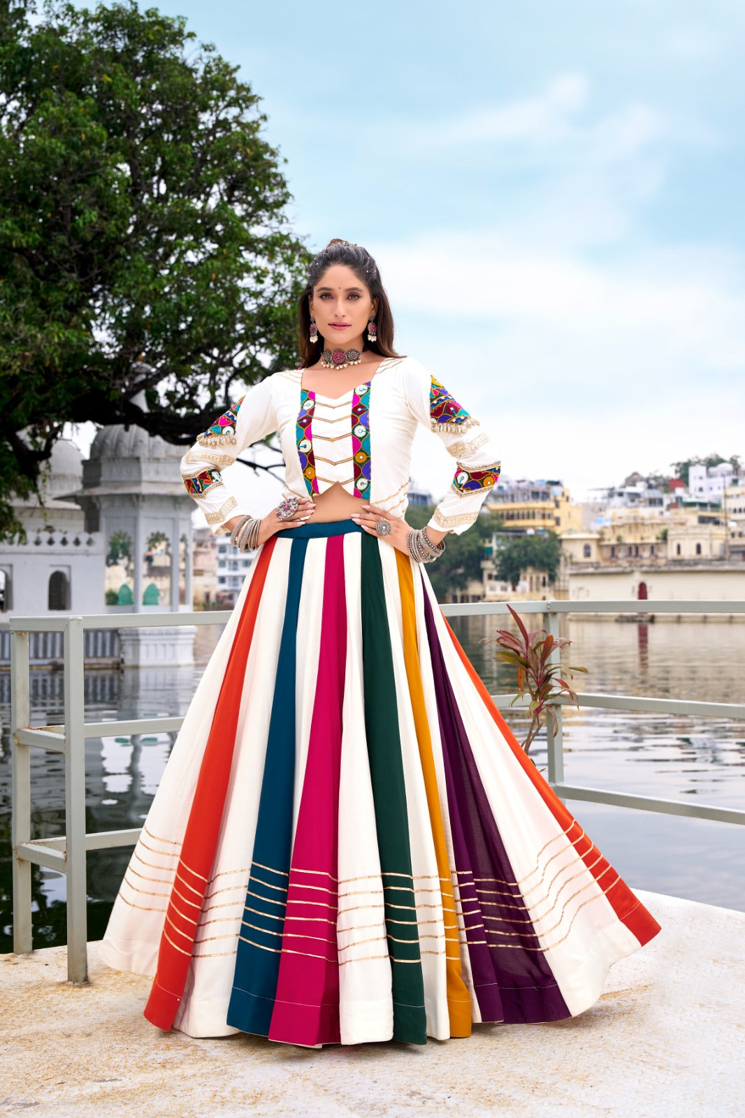 Vibrant Multi-Color Panel Lehenga Blocking Skirt and Mirror Work