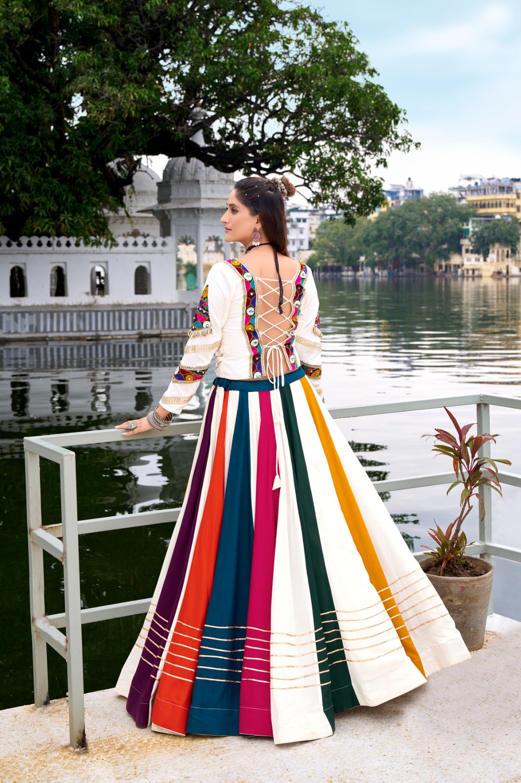 Vibrant Multi-Color Panel Lehenga Blocking Skirt and Mirror Work