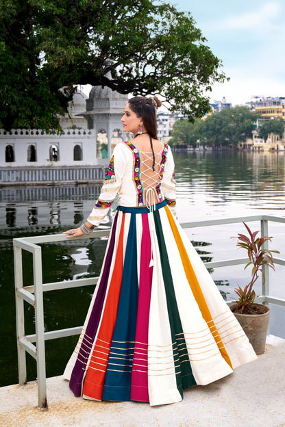 Vibrant Multi-Color Panel Lehenga Blocking Skirt and Mirror Work