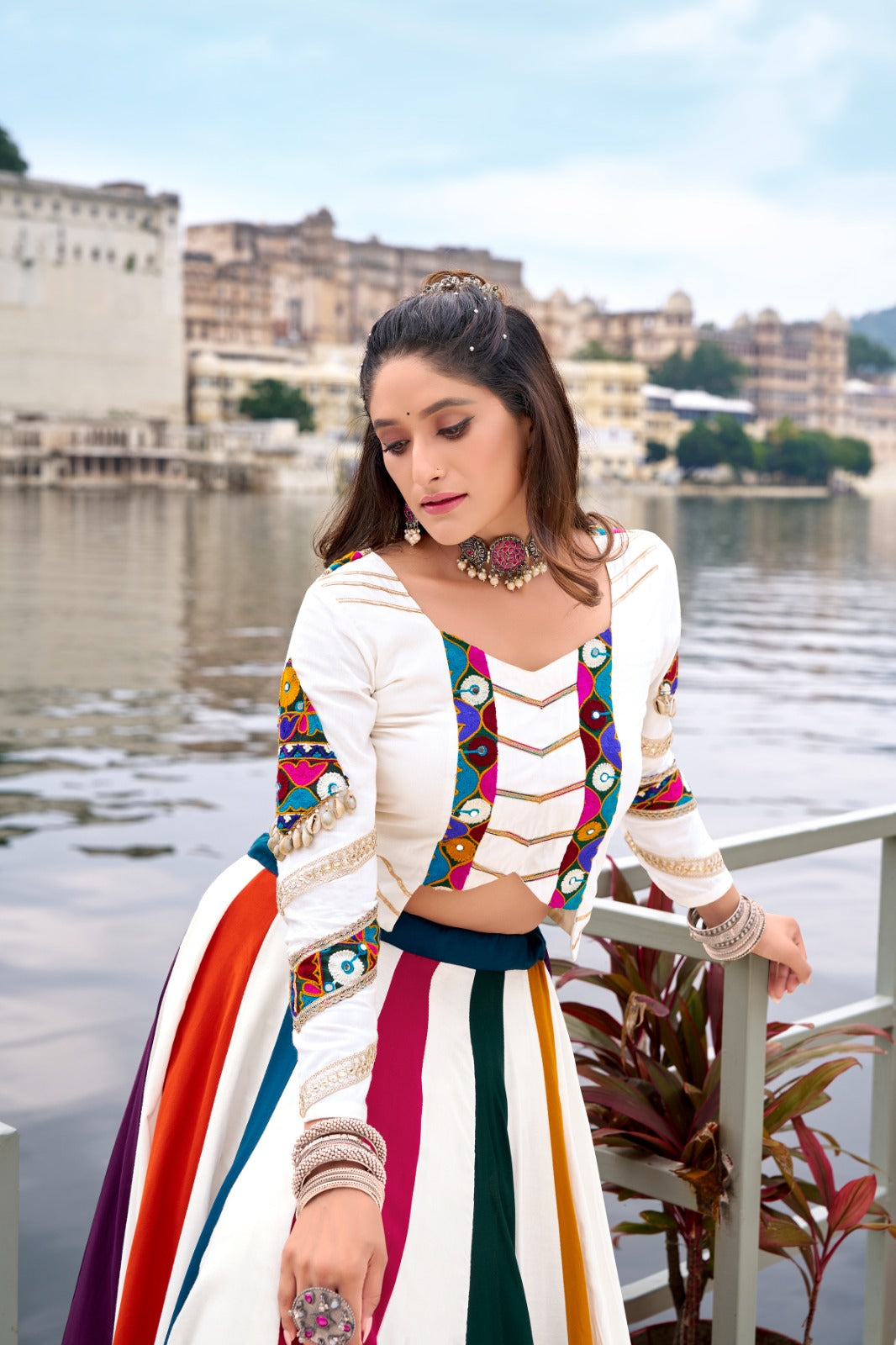 Vibrant Multi-Color Panel Lehenga Blocking Skirt and Mirror Work