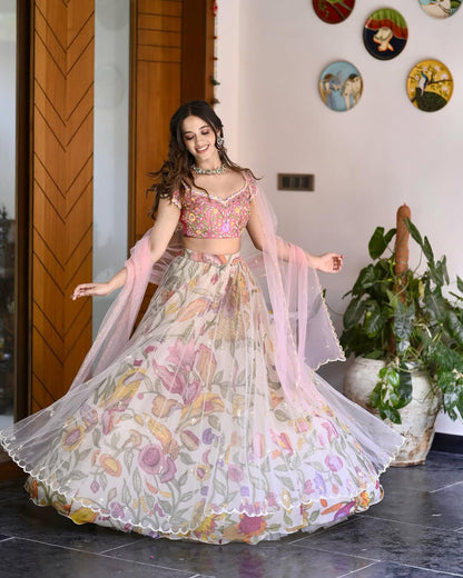 Designer Multi-Color Floral Print Lehenga with Sequin Work Choli