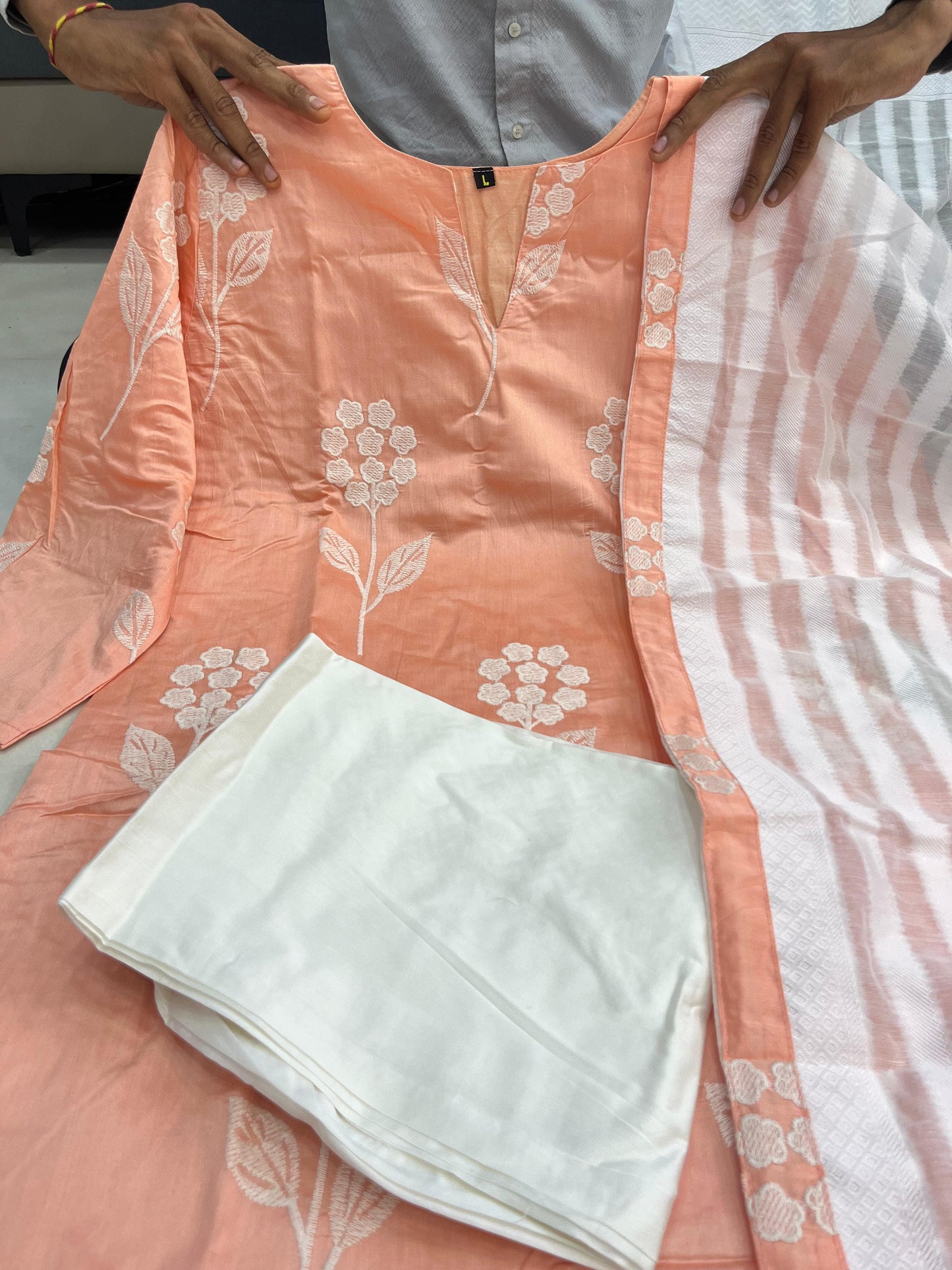 Elegant Peach Floral Embroidered Suit with Striped Dupatta