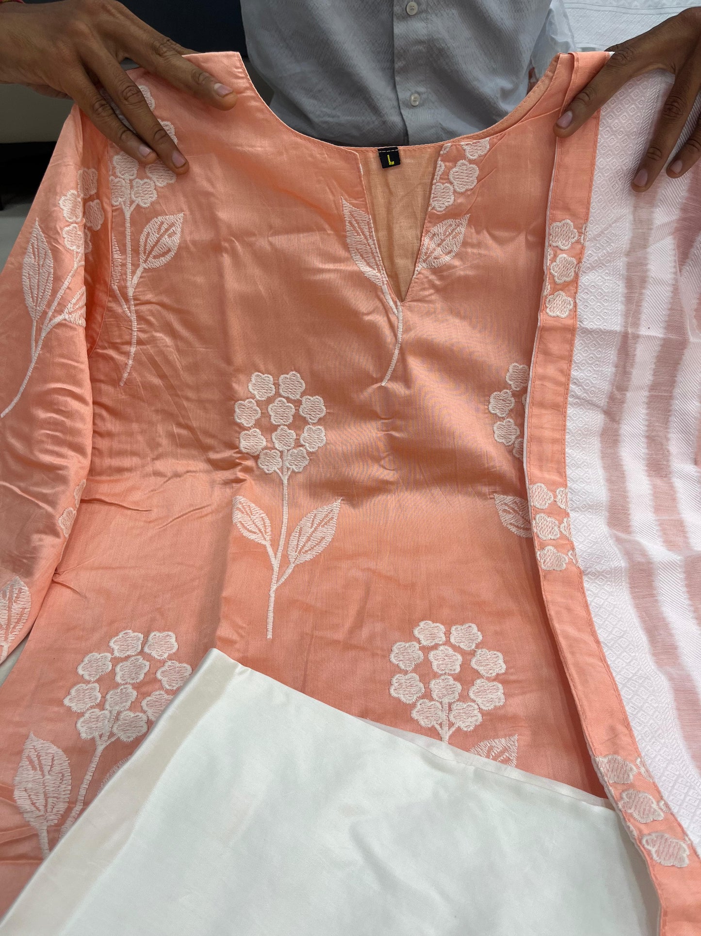 Elegant Peach Floral Embroidered Suit with Striped Dupatta