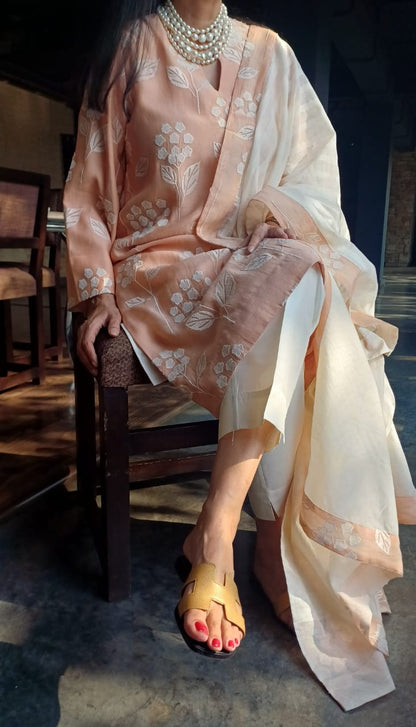 Elegant Peach Floral Embroidered Suit with Striped Dupatta