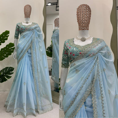 Elegant Sky Blue Tibby Silk Saree with Thread & Sequin Work