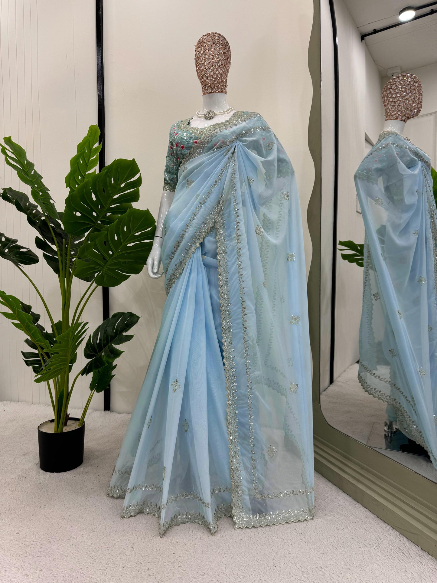 Elegant Sky Blue Tibby Silk Saree with Thread & Sequin Work