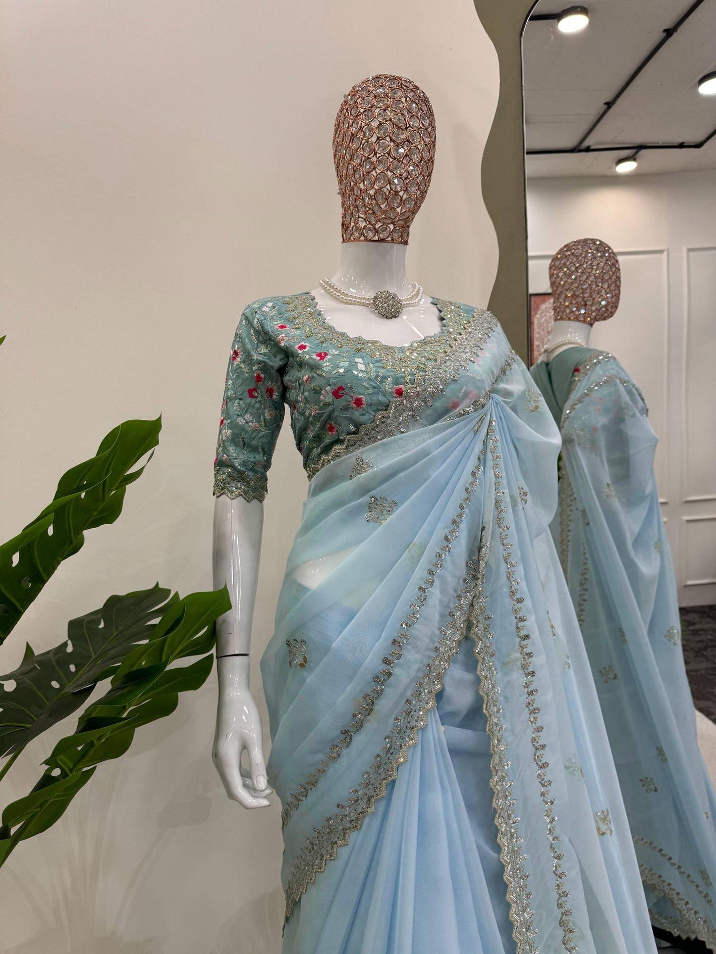 Elegant Sky Blue Tibby Silk Saree with Thread & Sequin Work