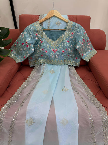 Elegant Sky Blue Tibby Silk Saree with Thread & Sequin Work