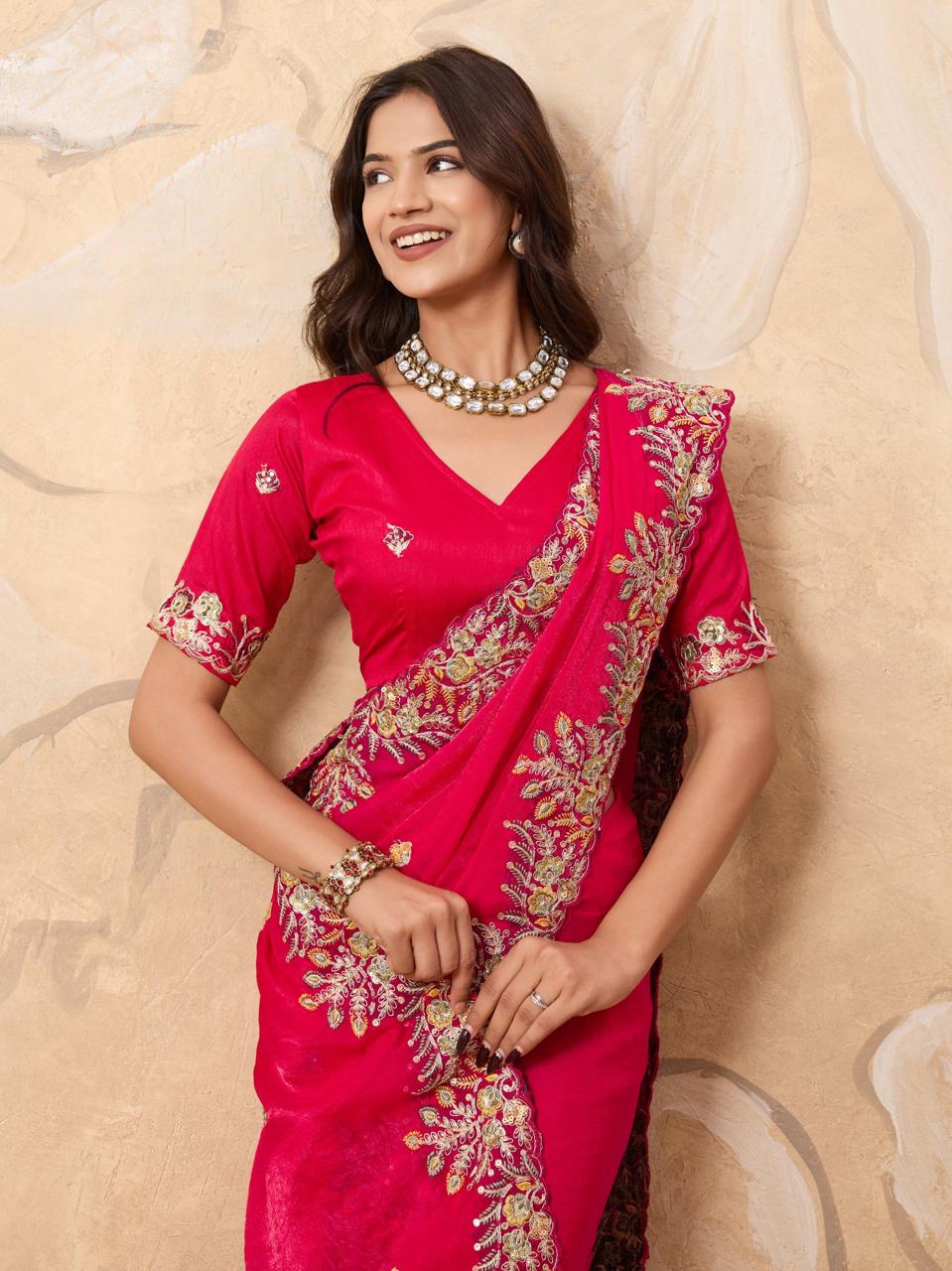 Elegent Soft Fendy Chiffon Rani Pink Saree