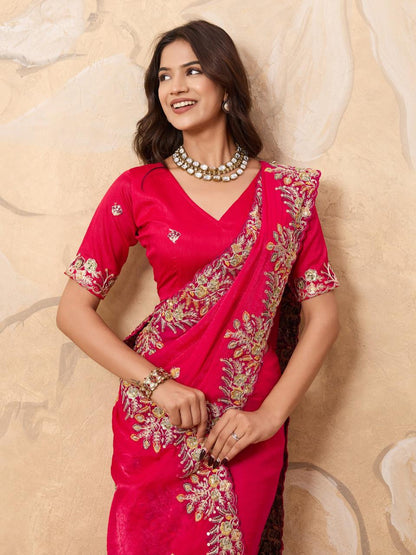 Elegent Soft Fendy Chiffon Rani Pink Saree