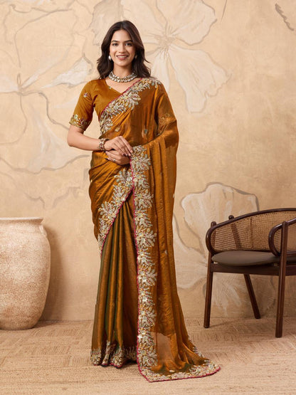 Wedding Wear Beautiful Yellow Saree  With Embroidery Work