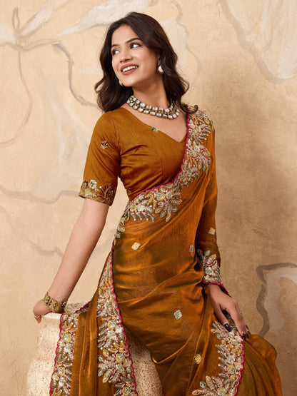 Wedding Wear Beautiful Yellow Saree  With Embroidery Work