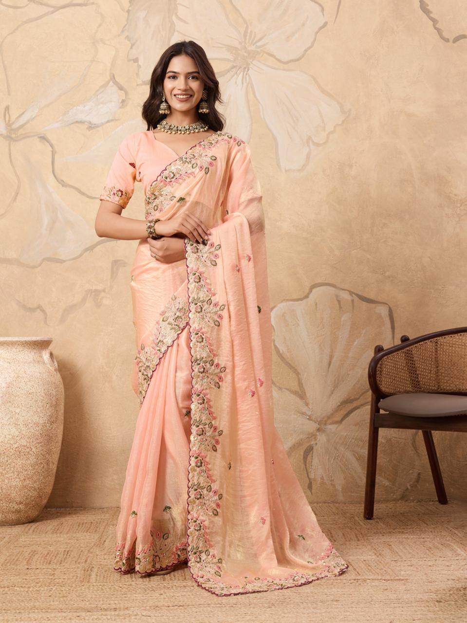 Peach Soft Fandy Chiffon Saree With Elegent Blouse
