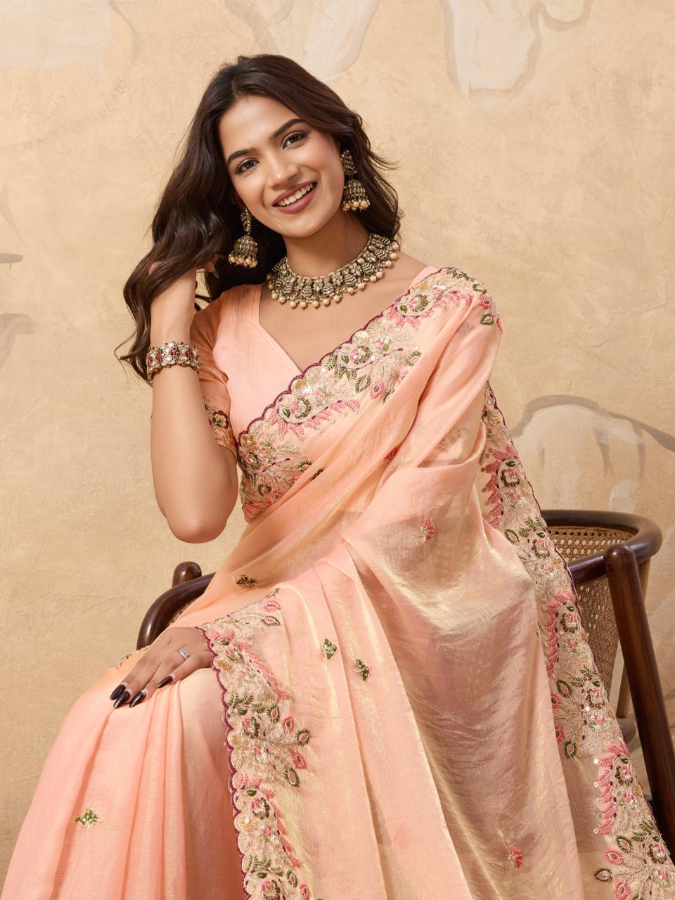 Peach Soft Fandy Chiffon Saree With Elegent Blouse