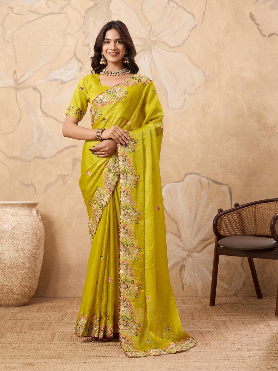 Embroidery Work Lime Yellow Saree