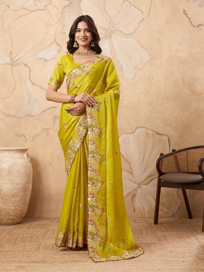 Embroidery Work Lime Yellow Saree