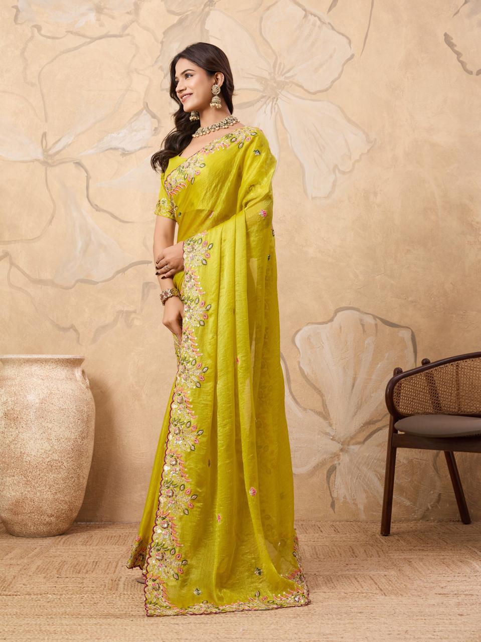 Embroidery Work Lime Yellow Saree