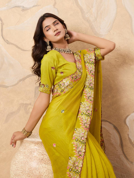 Embroidery Work Lime Yellow Saree