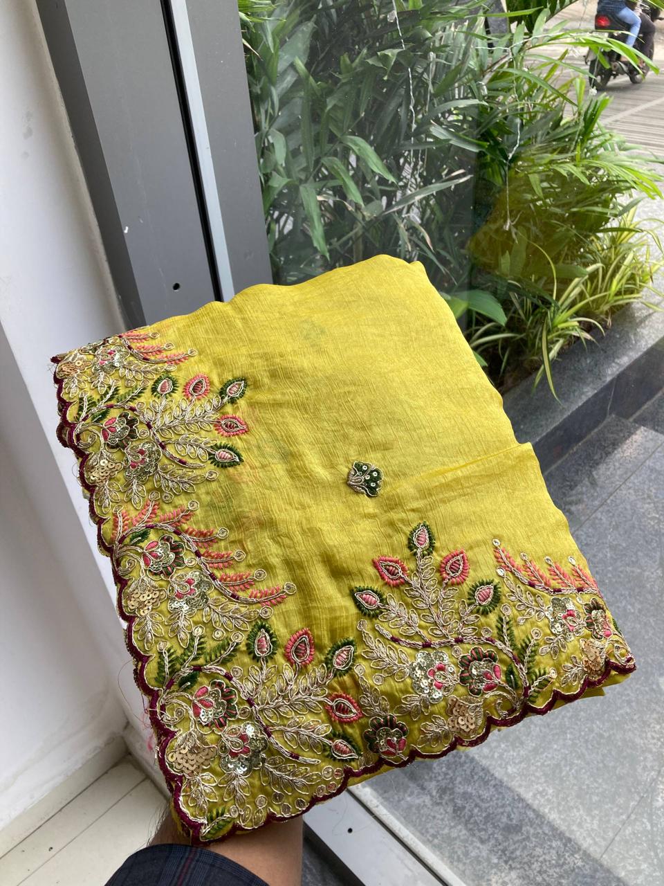 Embroidery Work Lime Yellow Saree