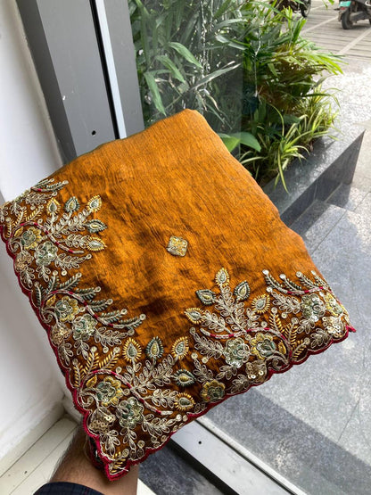 Wedding Wear Beautiful Yellow Saree  With Embroidery Work