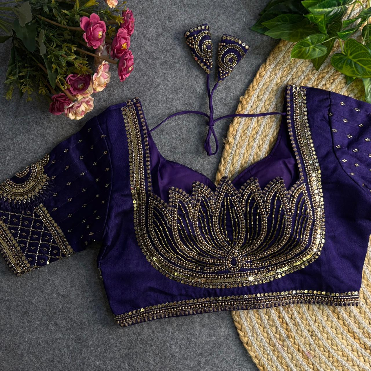 Glamorous Purple Blouse with Golden Embroidery Work