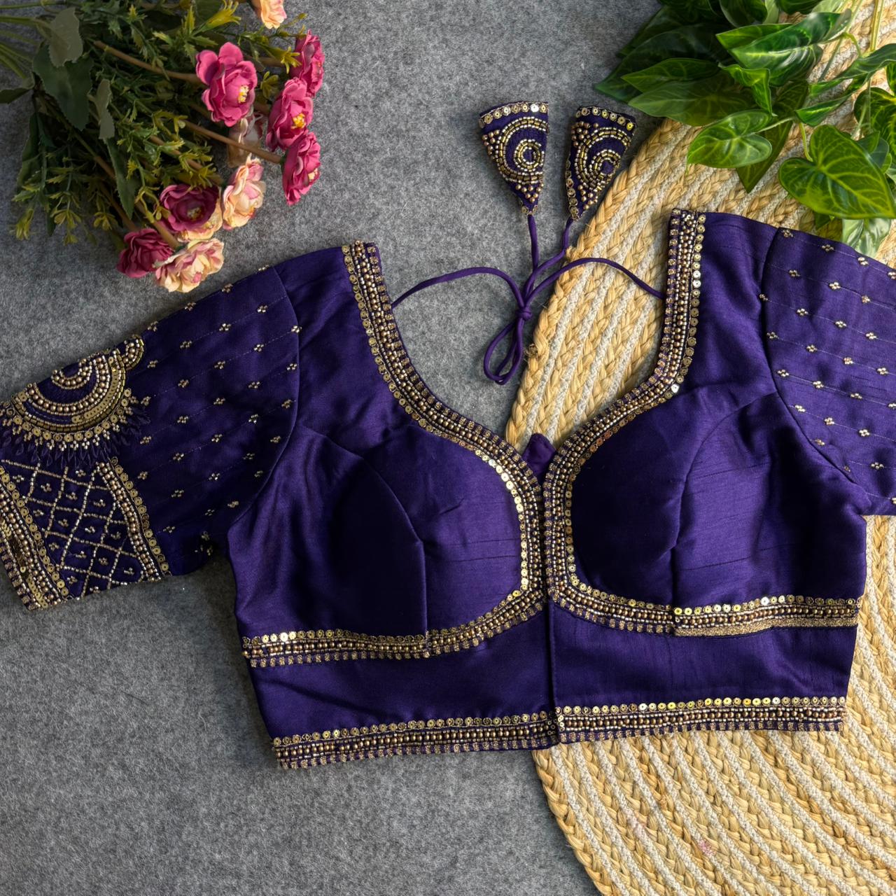 Glamorous Purple Blouse with Golden Embroidery Work