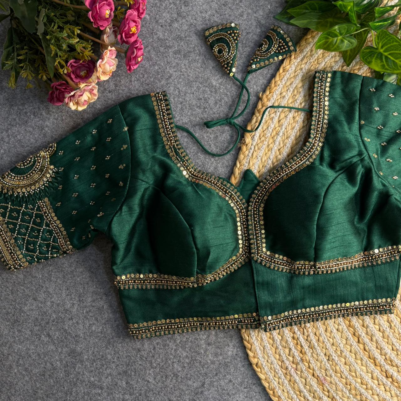 Ready-to-Wear Embroidered Dark Green Blouse Perfect Fit & Stunning Design