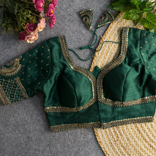 Ready-to-Wear Embroidered Dark Green Blouse Perfect Fit & Stunning Design