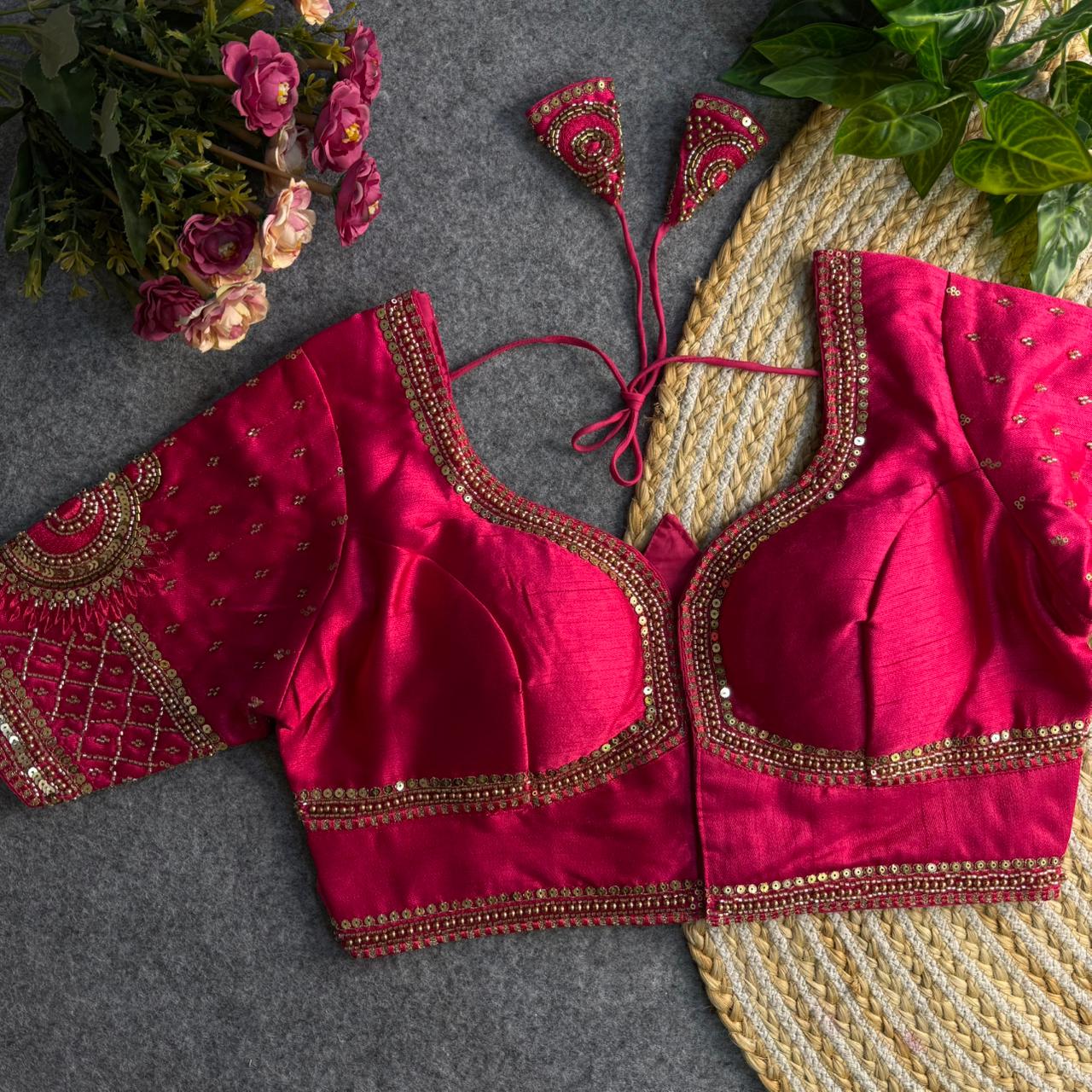 Stylish Party Wear Rani Pink Blouse with Golden Embellishments