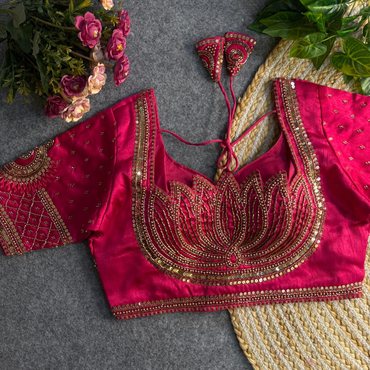 Stylish Party Wear Rani Pink Blouse with Golden Embellishments