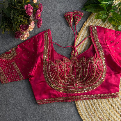 Stylish Party Wear Rani Pink Blouse with Golden Embellishments