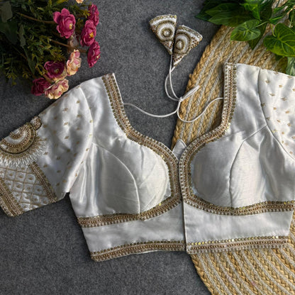 Premium Partywear White Silk Blouse with Stone Work