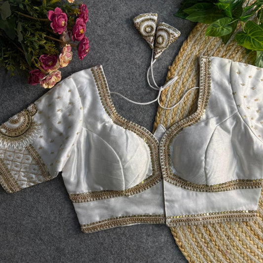 Premium Partywear White Silk Blouse with Stone Work