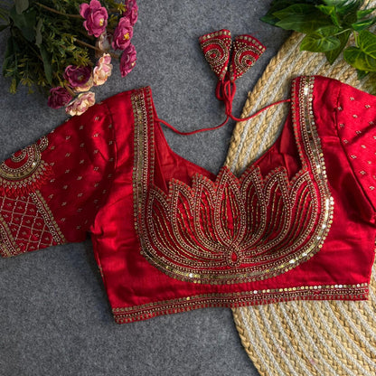 Beautiful Heavy Style Lotus Beads Work Red Bridal Blouse