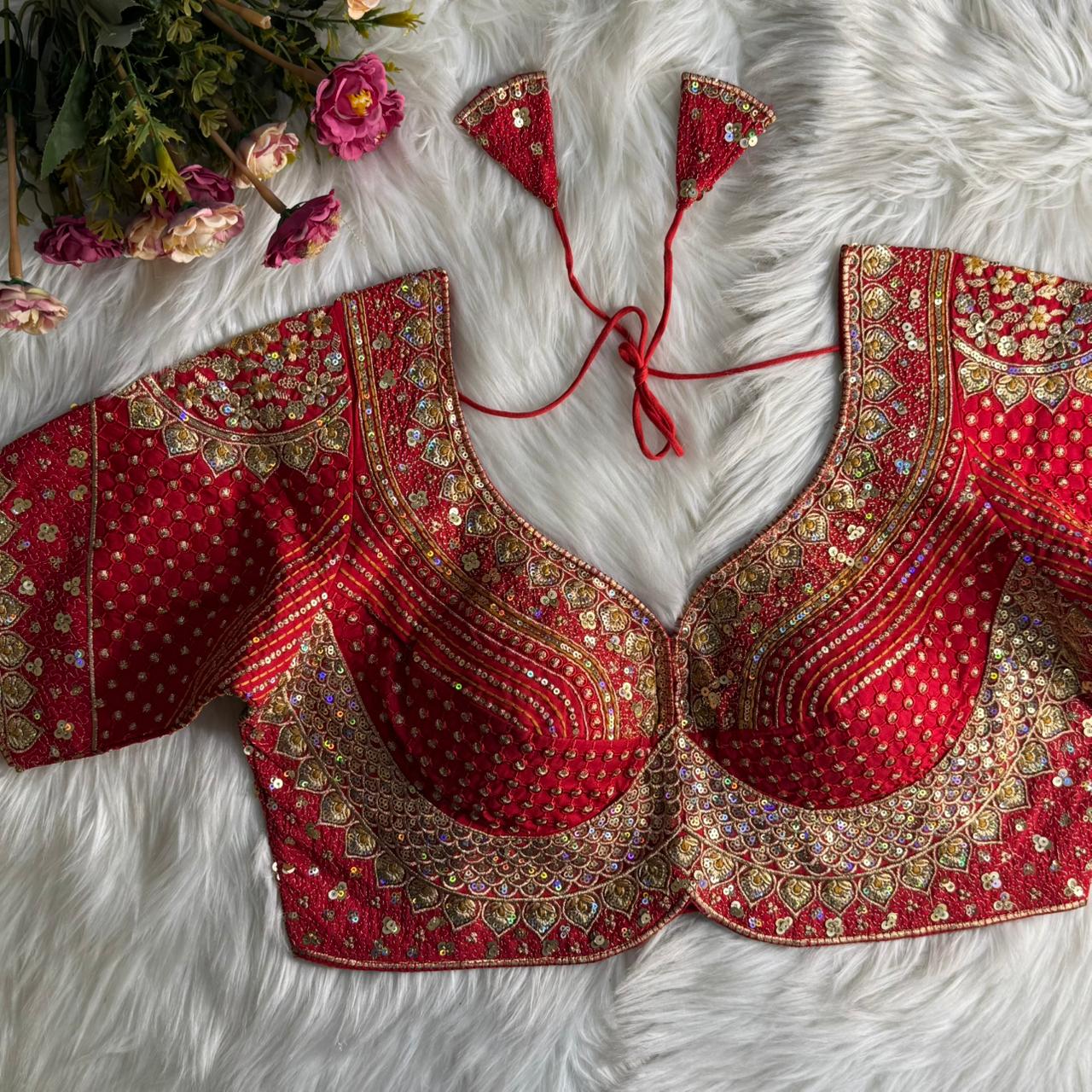 Elegantly Embroidered Red Blouse with Sparkling Golden Sequin Work